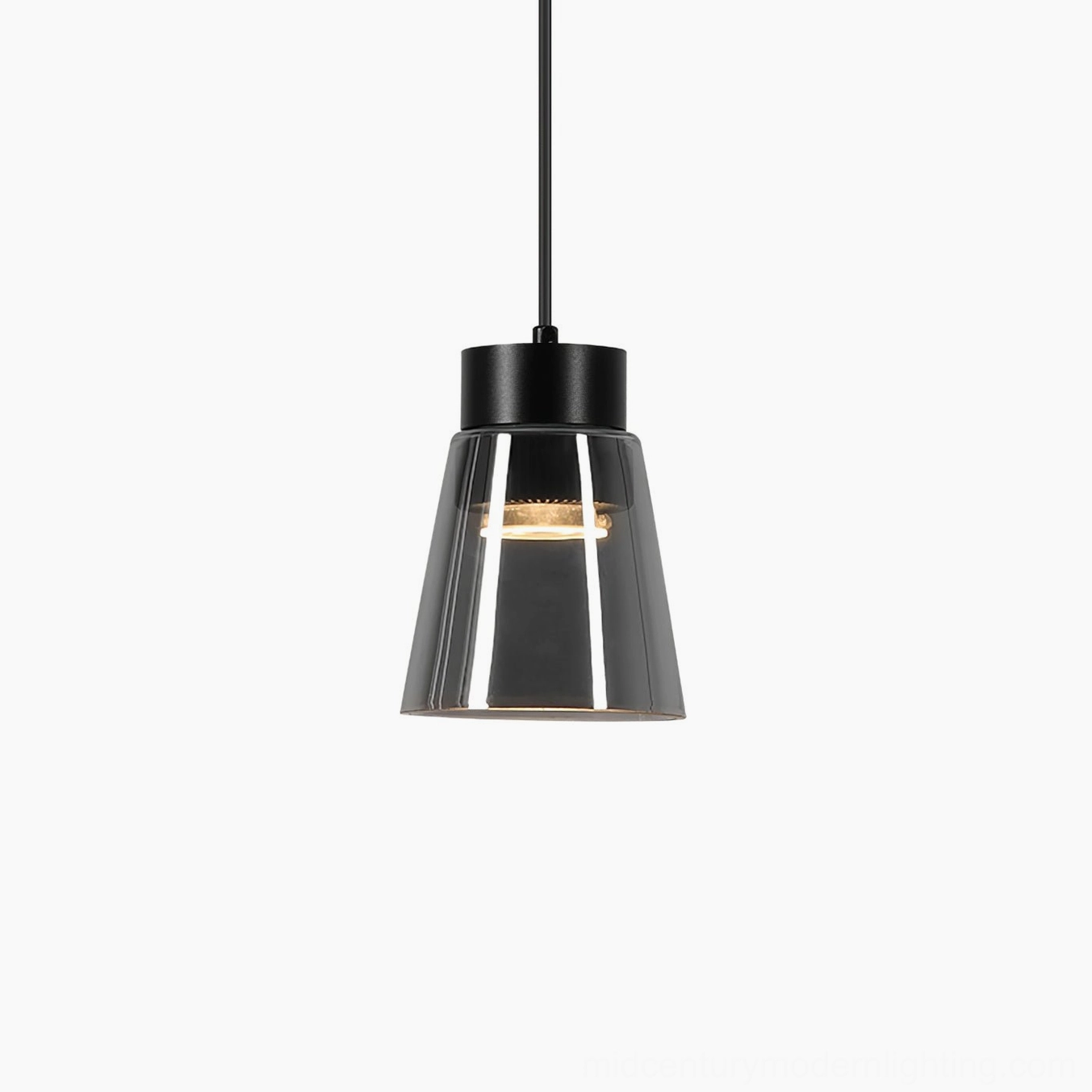 Smoke grey cone pendant lamp with black frame, available in warm and cool light temperatures