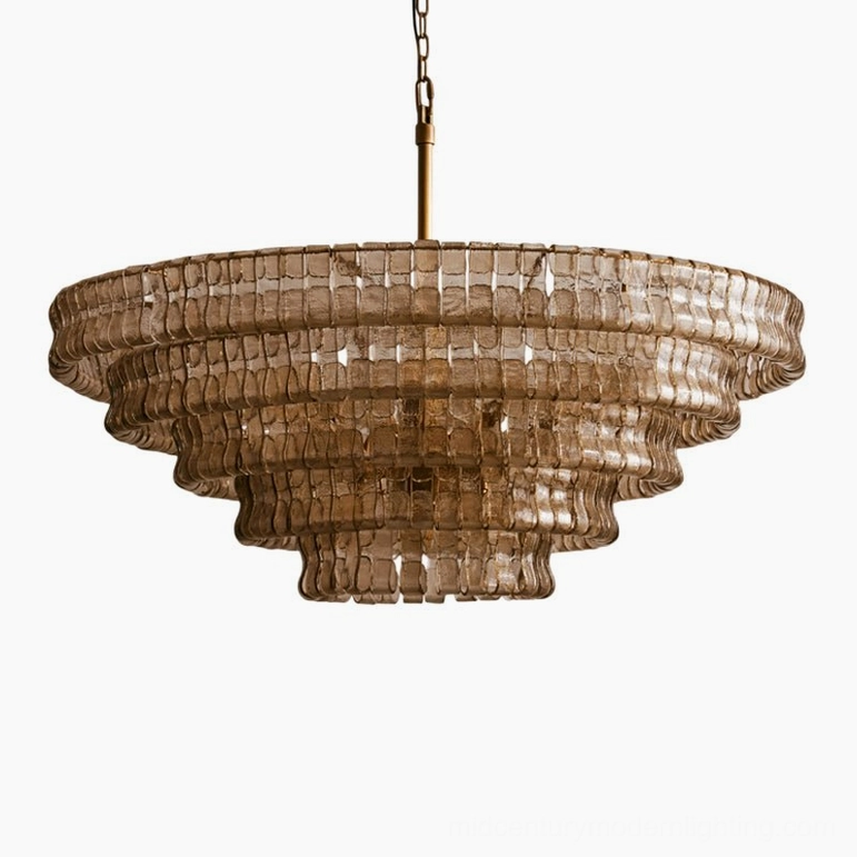 Smoke grey tiered round chandelier with black metal frame, moody atmospheric modern luxury lighting fixture