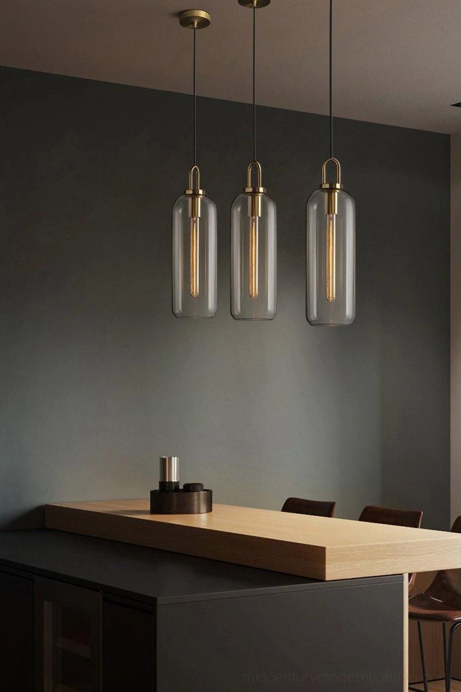 Smoked glass pendant light fixture in modern interior showing proportional scale and interior placement