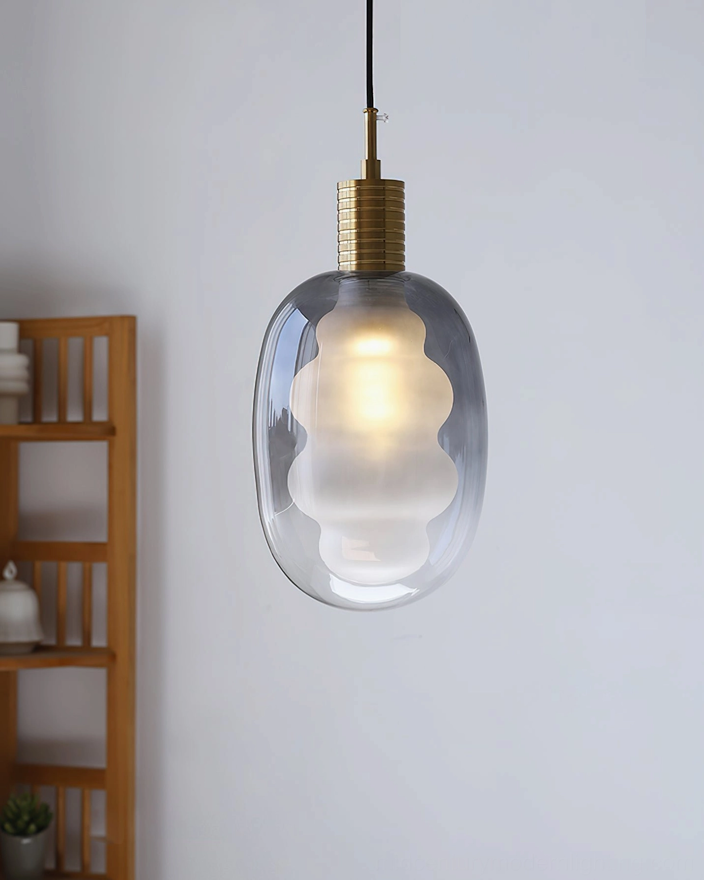 Smoky gray gradient glass pendant light, frosted inner shade, studio direct front view