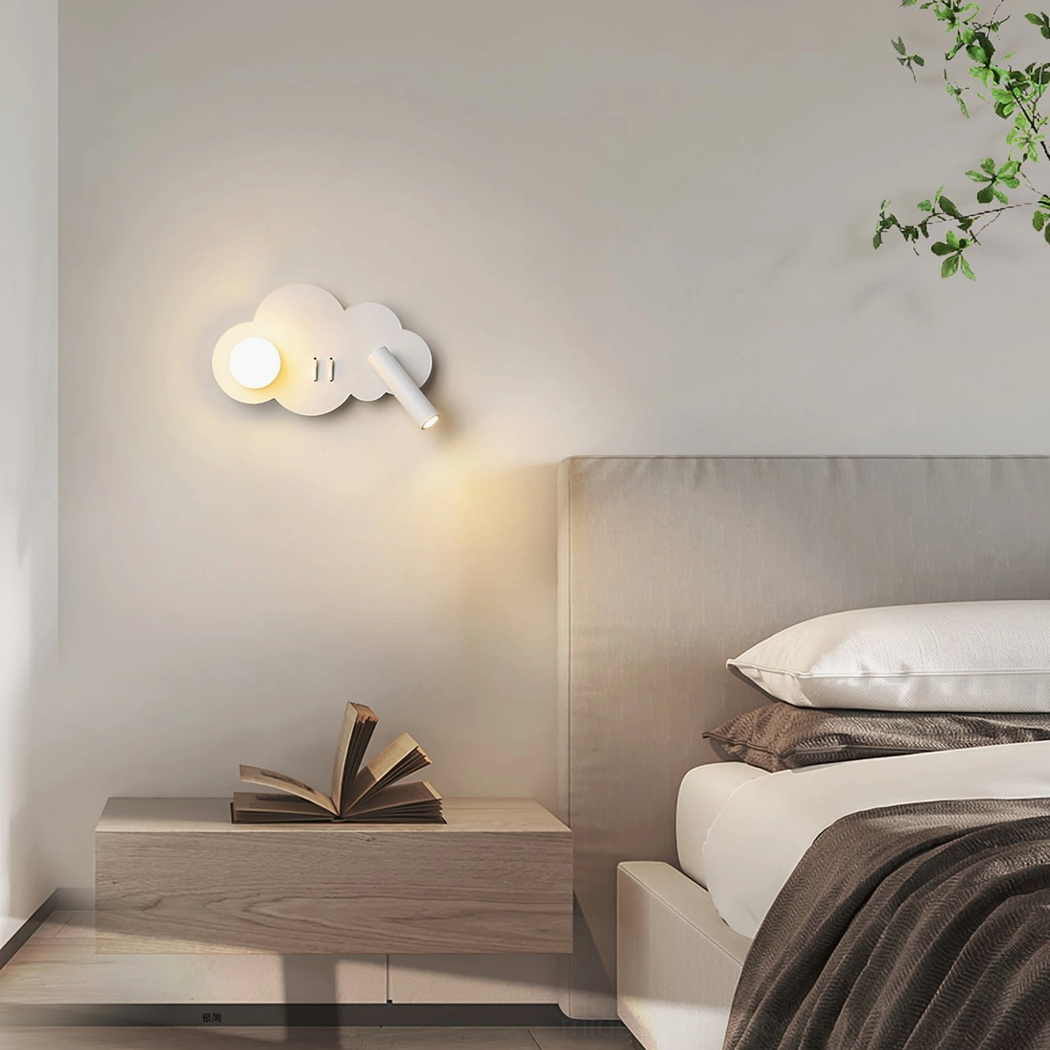 Snotra cloud wall lamp in cozy bedroom with green decor, nordic minimalist style