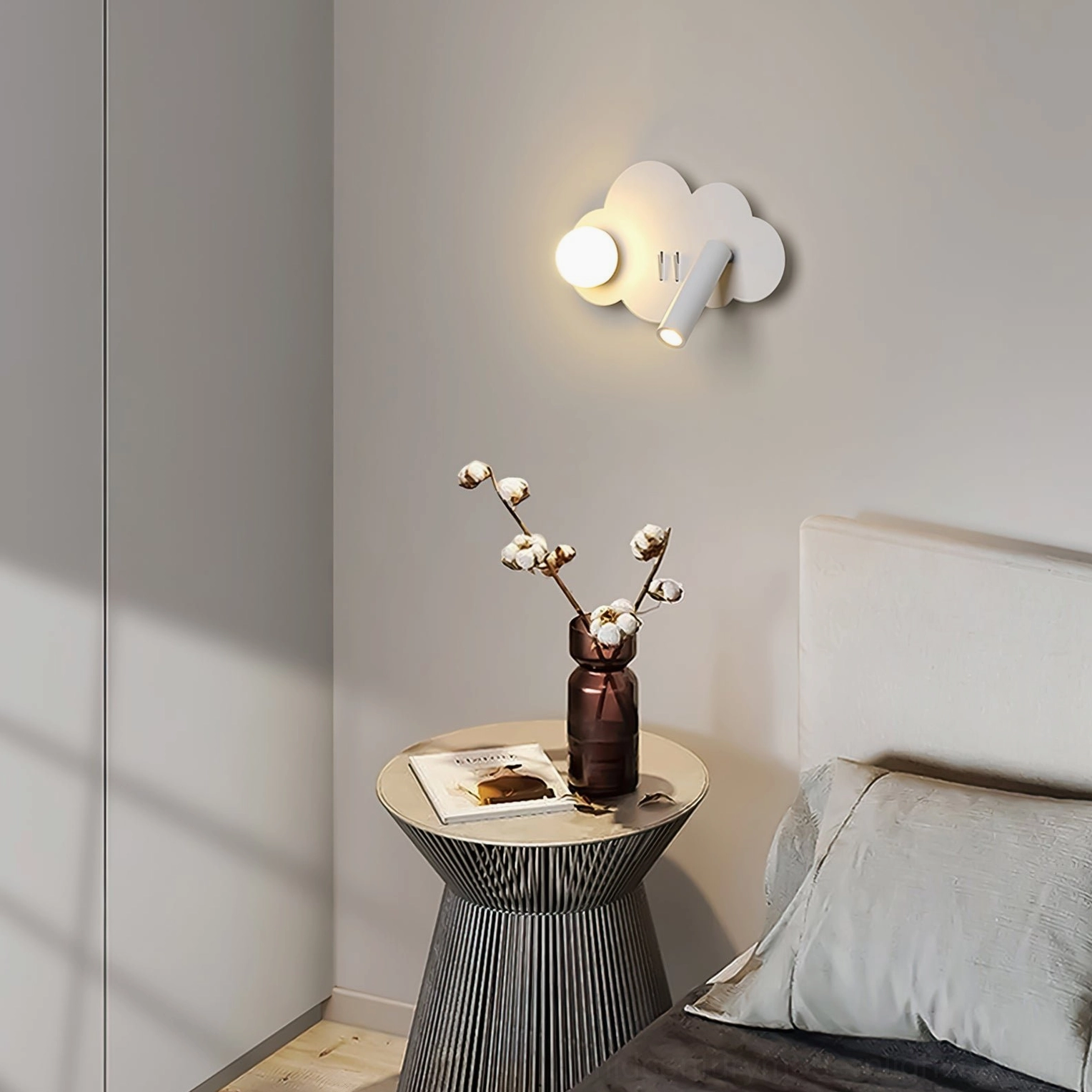 Snotra wall lamp product showcase showing design details and elegant white metal construction