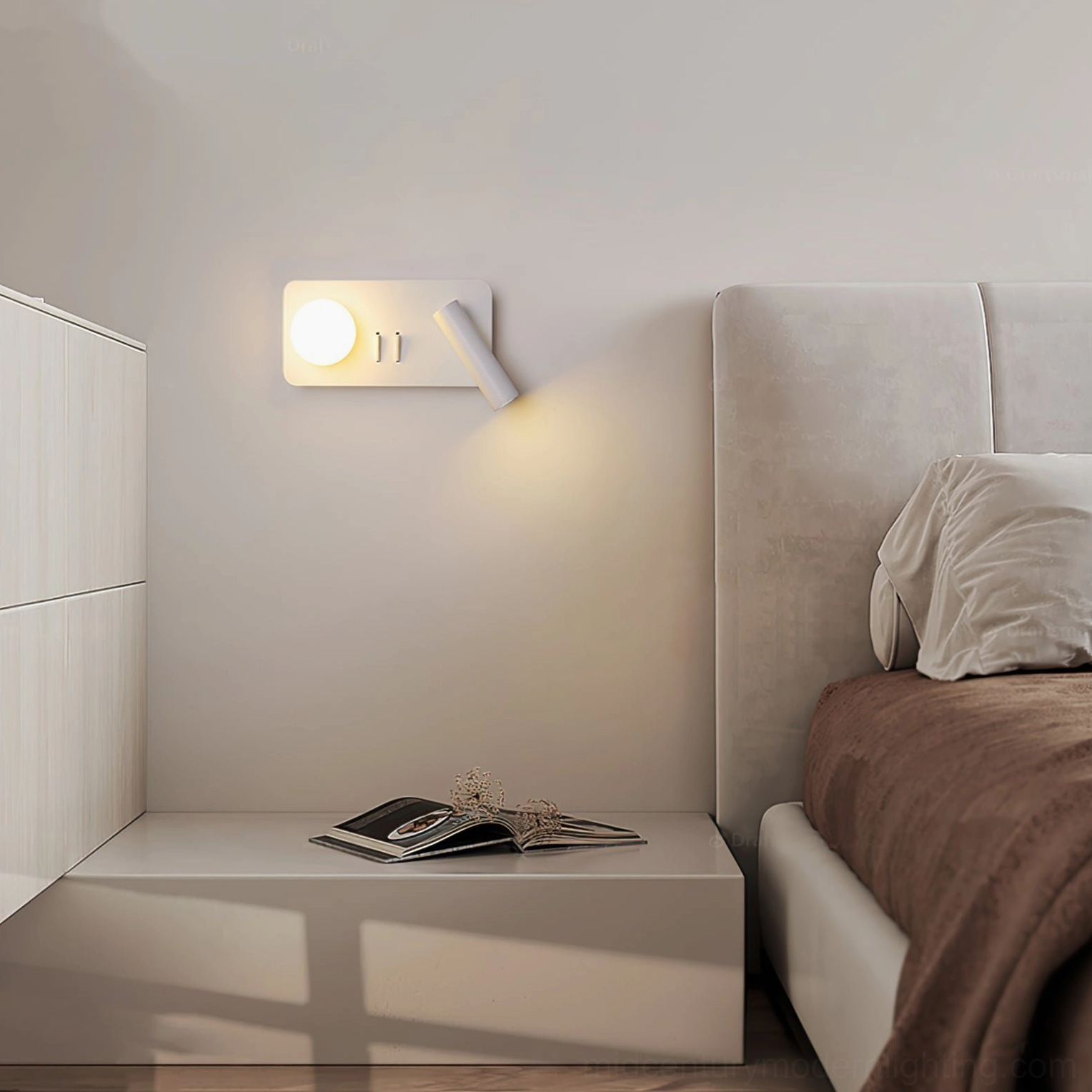 Snotra rectangular base wall lamp as bedside accent light above bedroom shelf