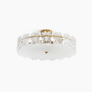 Snowflake crystal ceiling lamp with gold metal frame and clear textured glass crystals on pure white studio background, modern luxury pendant lighting design
