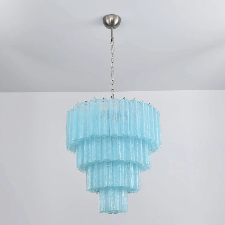 Soft blue tiered glass chandelier Murano-inspired modern mid-century statement lighting