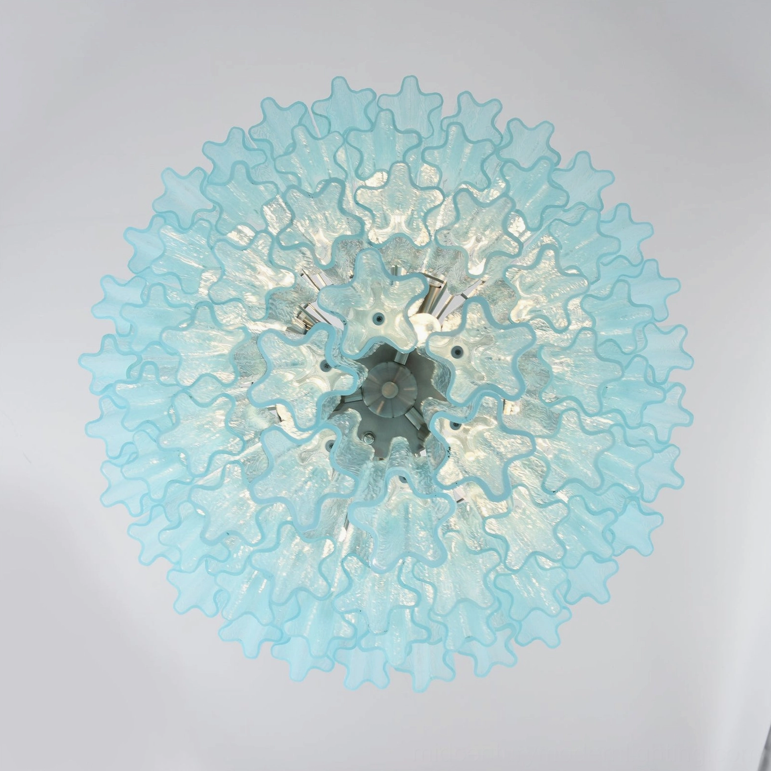 Cyan soft blue tiered glass chandelier bottom overhead view floral-like ruffled design