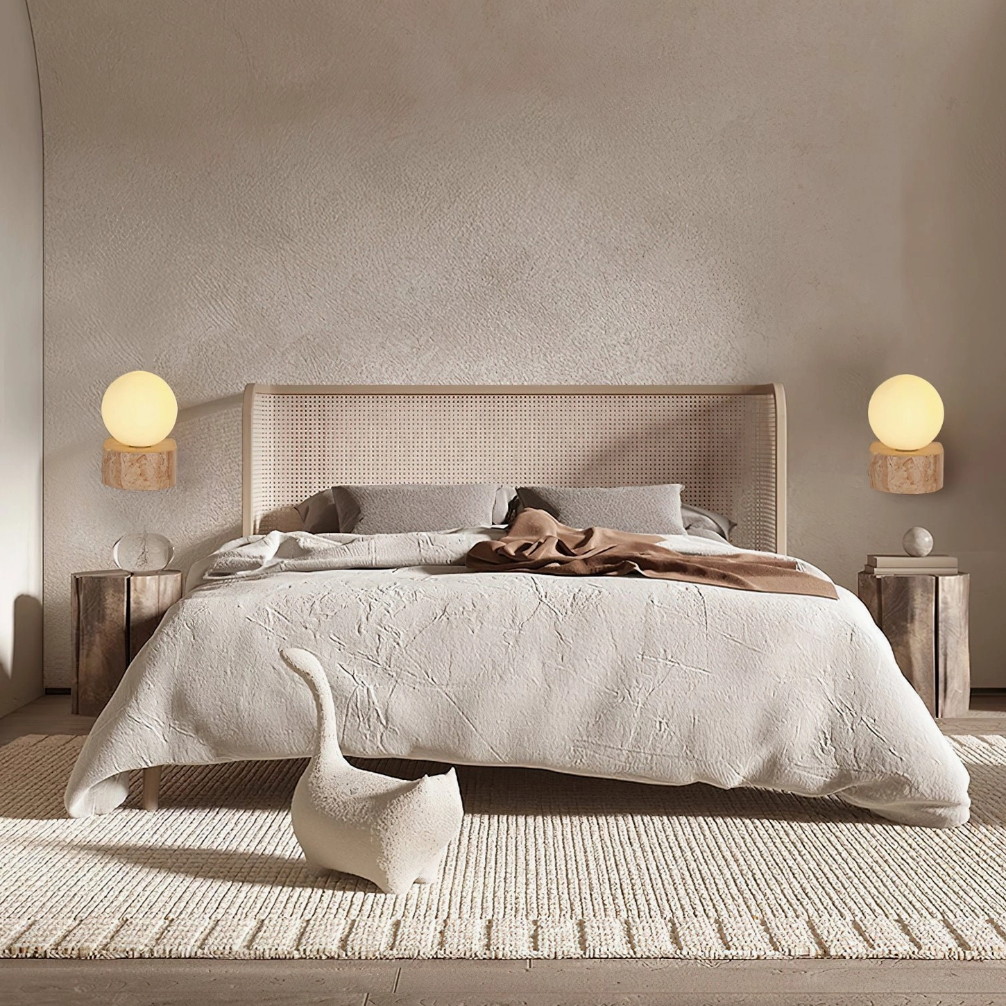 Pair of solace wall sconces flanking master bedroom with cozy neutral linen aesthetic