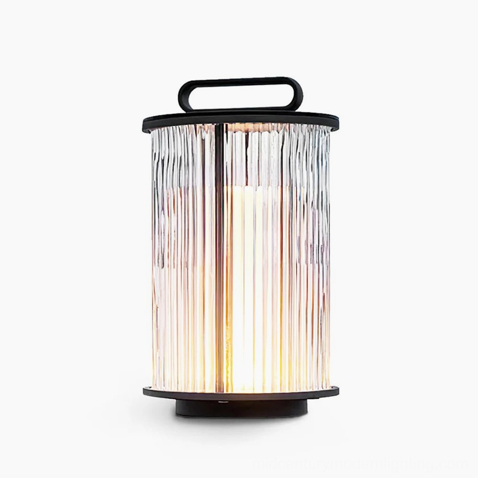 Solar lantern table lamp detailed side view showing stainless steel frame and glass shade