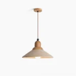 Solara travertine pendant light with natural wood cap, front studio view showcasing japandi design
