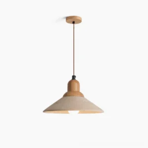 Solara travertine pendant light with natural wood cap, front studio view showcasing japandi design