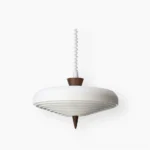 Soleil mid-century modern pendant lamp with white ribbed shade and walnut wood hub, front view on white background