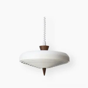 Soleil mid-century modern pendant lamp with white ribbed shade and walnut wood hub, front view on white background