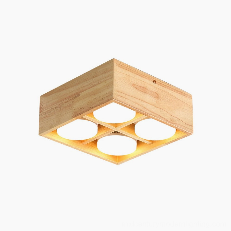Solid wood ceiling lamp mounted in minimalist space, creating warm glare-free illumination with acrylic diffuser