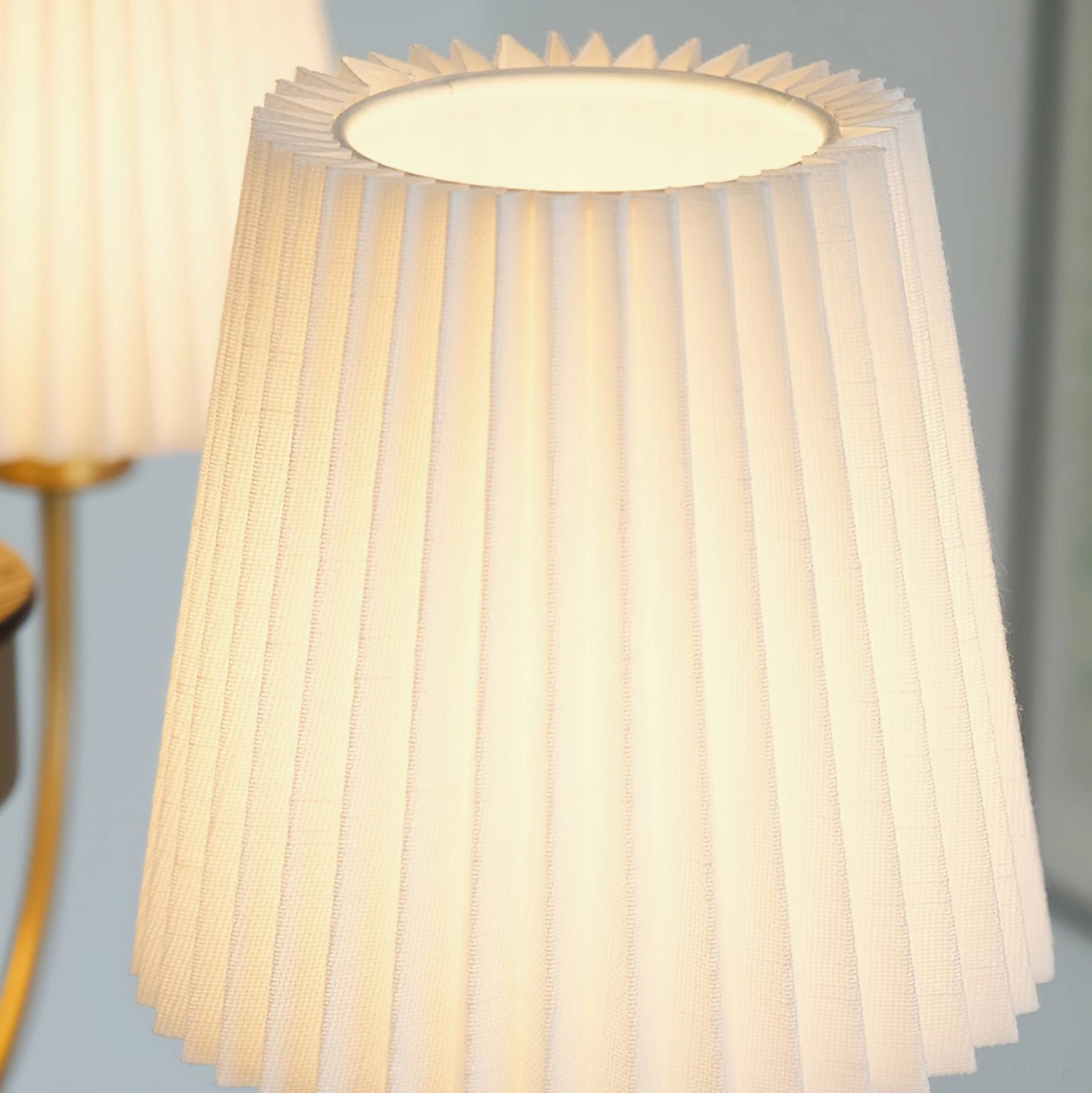 Solid wood chandelier artistic studio portrait featuring wood body and fabric shades