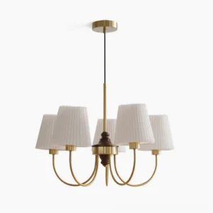 Josef solid wood chandelier with three radiating arms and fabric shades, studio front view
