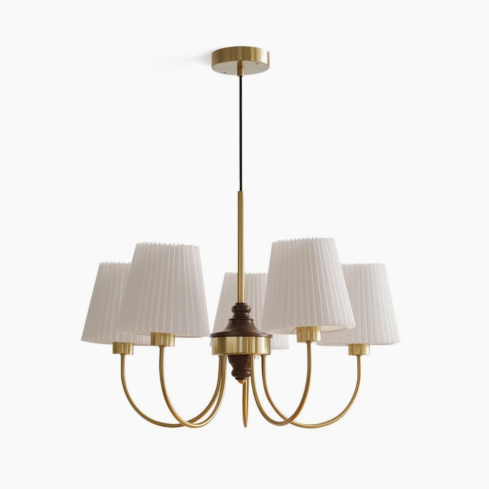 Josef solid wood chandelier with three radiating arms and fabric shades, studio front view