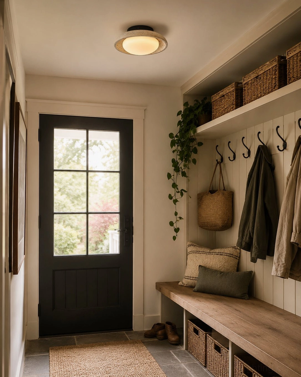Solis Travertine Ceiling Mount in home entryway shoe-changing area with wooden bench wall hooks and rattan storage baskets
