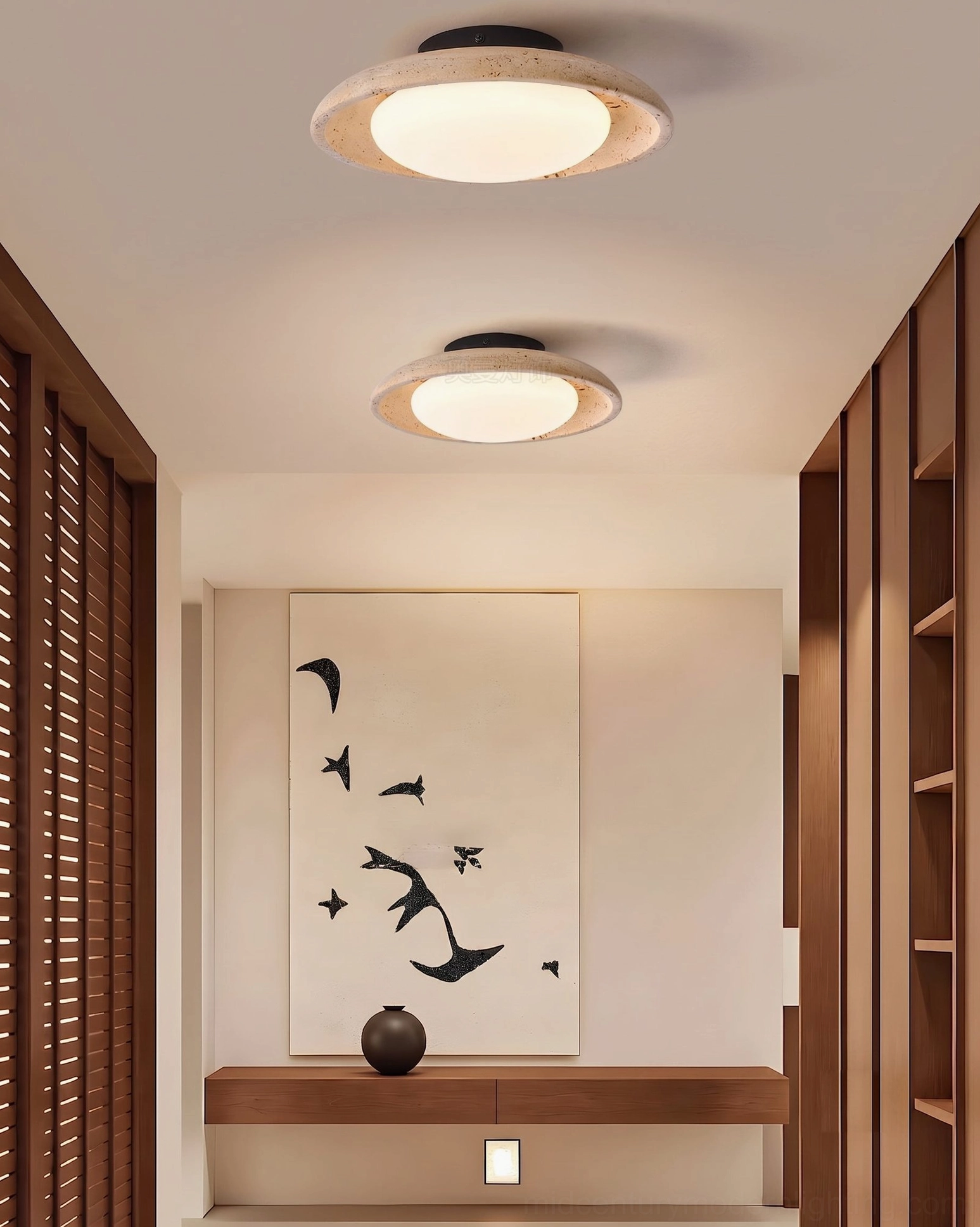 Dual Solis Travertine Ceiling Mount fixtures in residential hallway corridor overhead view minimalist warm wabi-sabi style