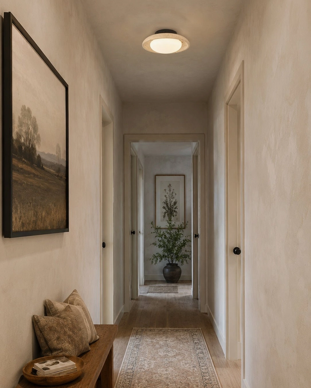 Solis Travertine Ceiling Mount in residential long corridor overhead view landscape wall art wooden bench rustic wabi-sabi style