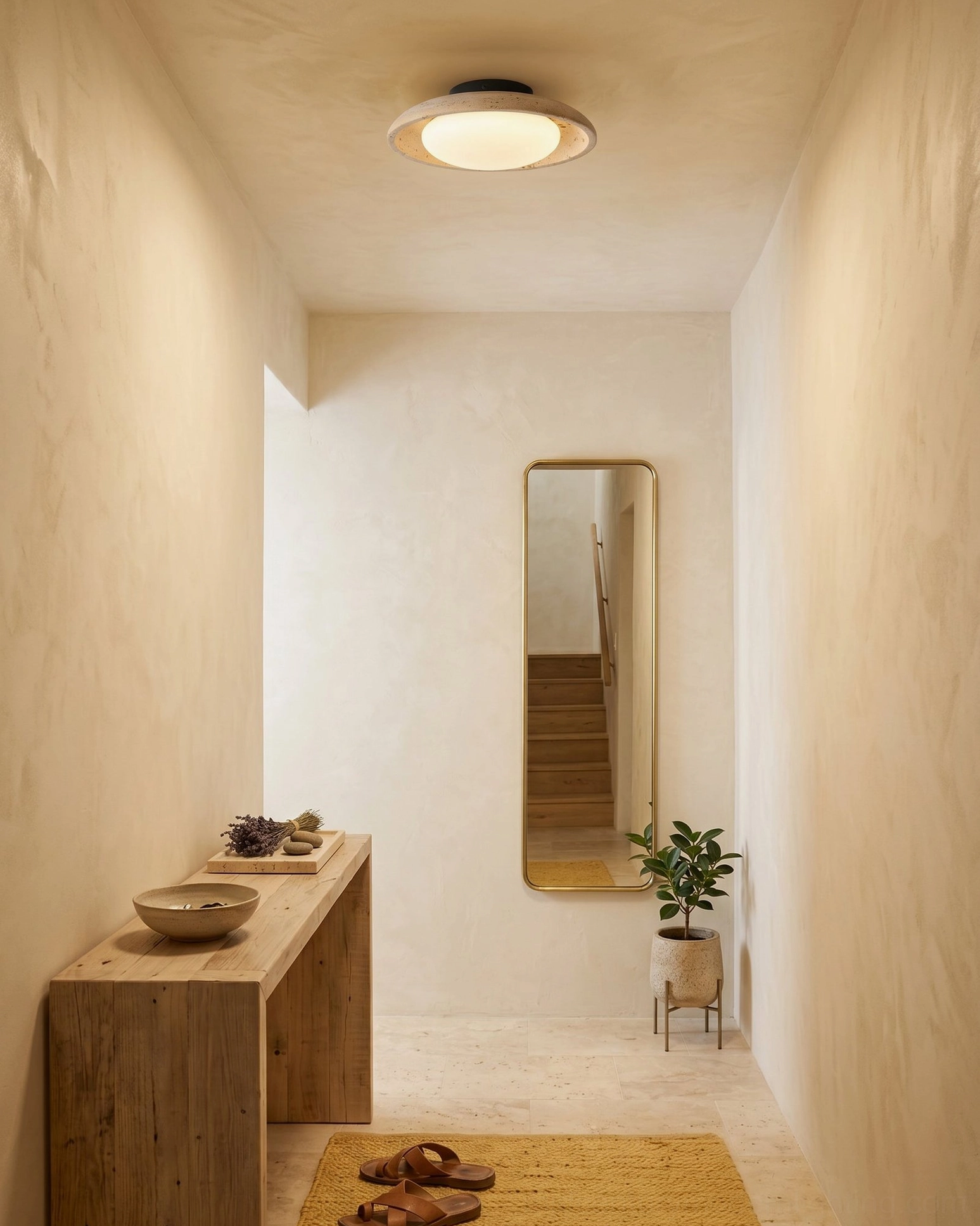 Solis Travertine Ceiling Mount in narrow residential hallway corridor overhead view with wooden console table and wall mirror