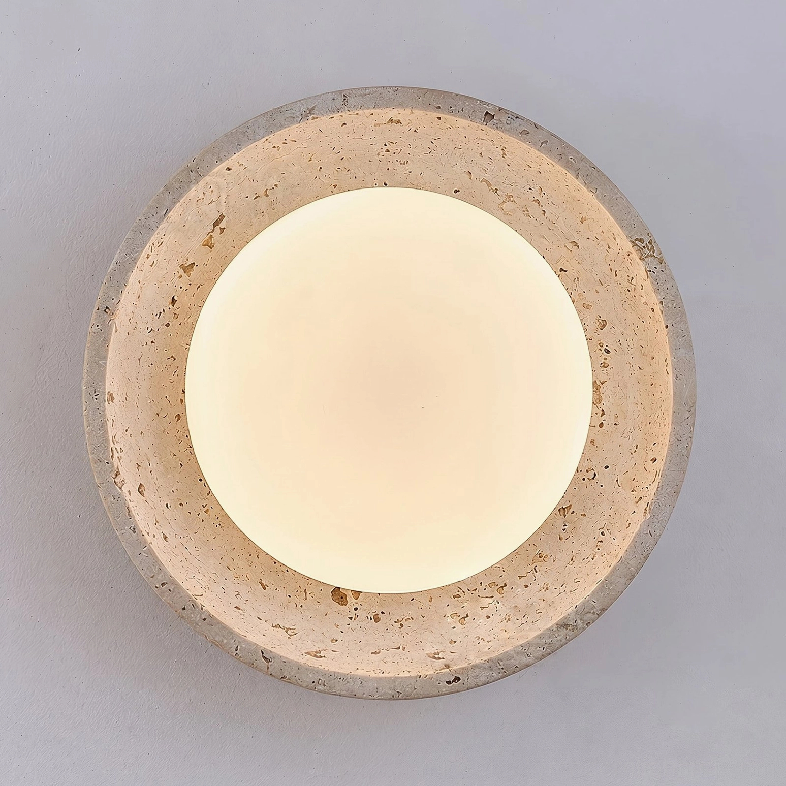 Solis Travertine Ceiling Mount product detail view frosted acrylic diffuser natural beige travertine stone frame
