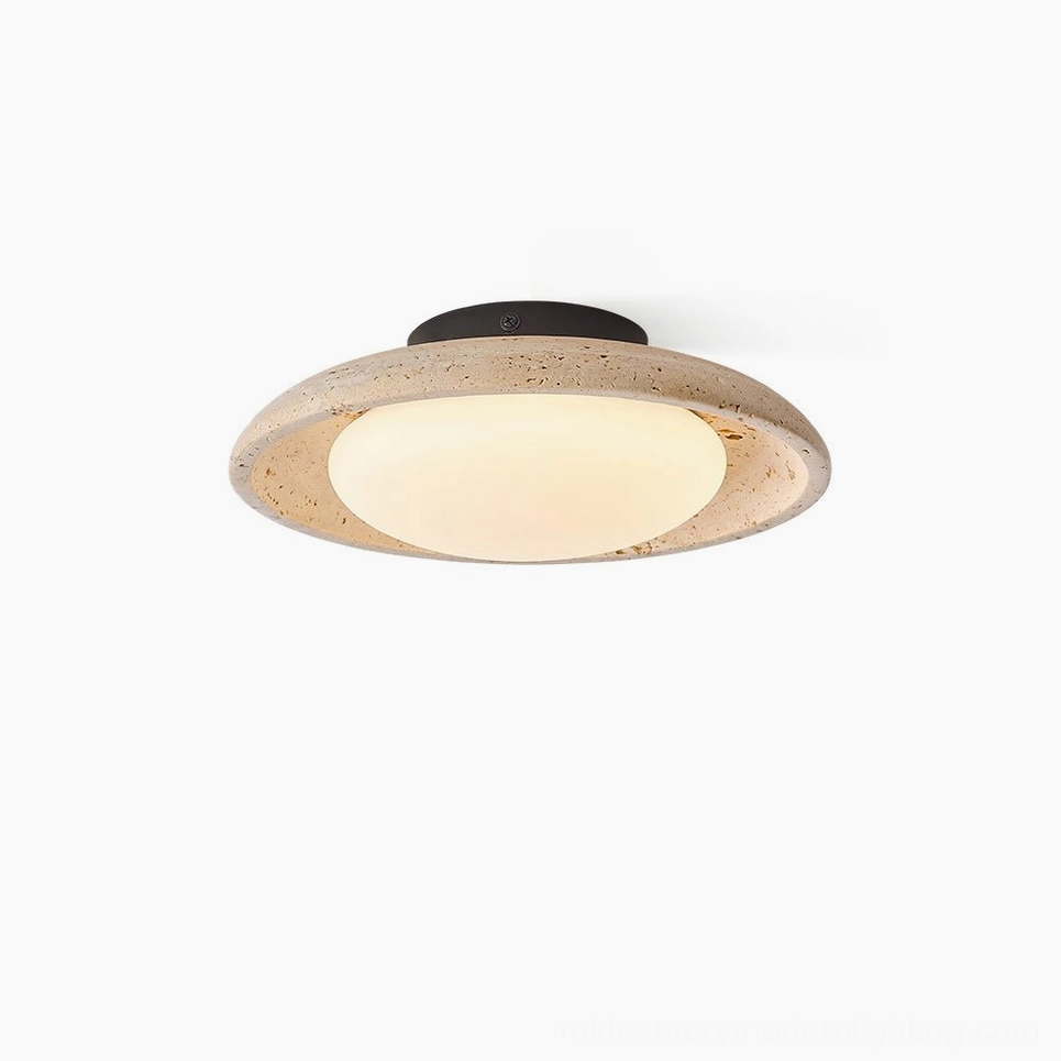 Solis Travertine Ceiling Mount flush lighting fixture with beige natural stone frame and frosted acrylic diffuser on white background