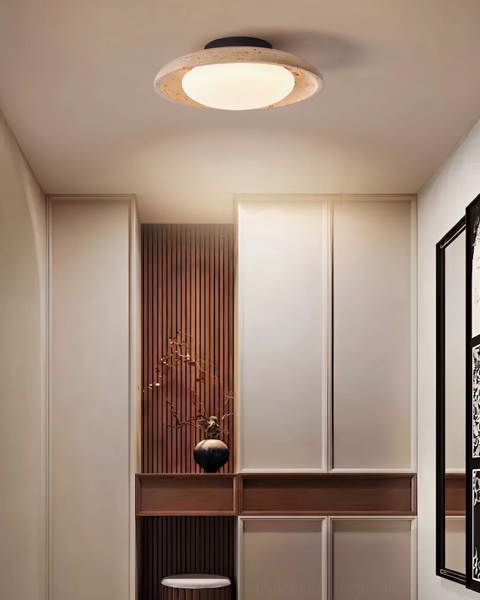 Solis Travertine Ceiling Mount in walk-in closet overhead view modern minimalist interior design vertical wood veneer