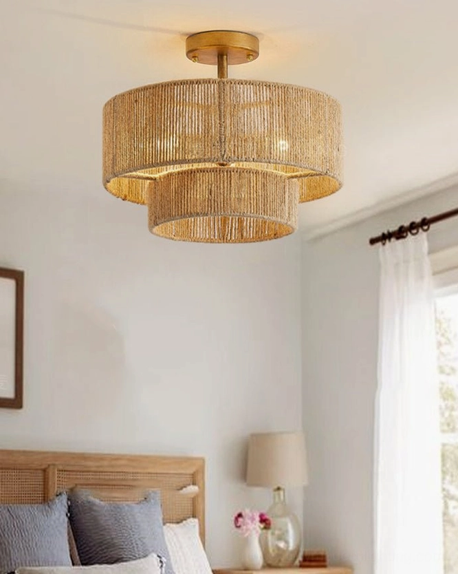 Low-angle wall view of Solmaz hemp rope ceiling fixture in bedroom living space demonstrating warm neutral home decor styling
