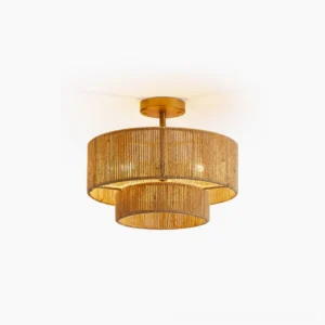 Solmaz two-tier hemp rope ceiling lamp with natural brown woven shade and brushed metal frame, front view on white background