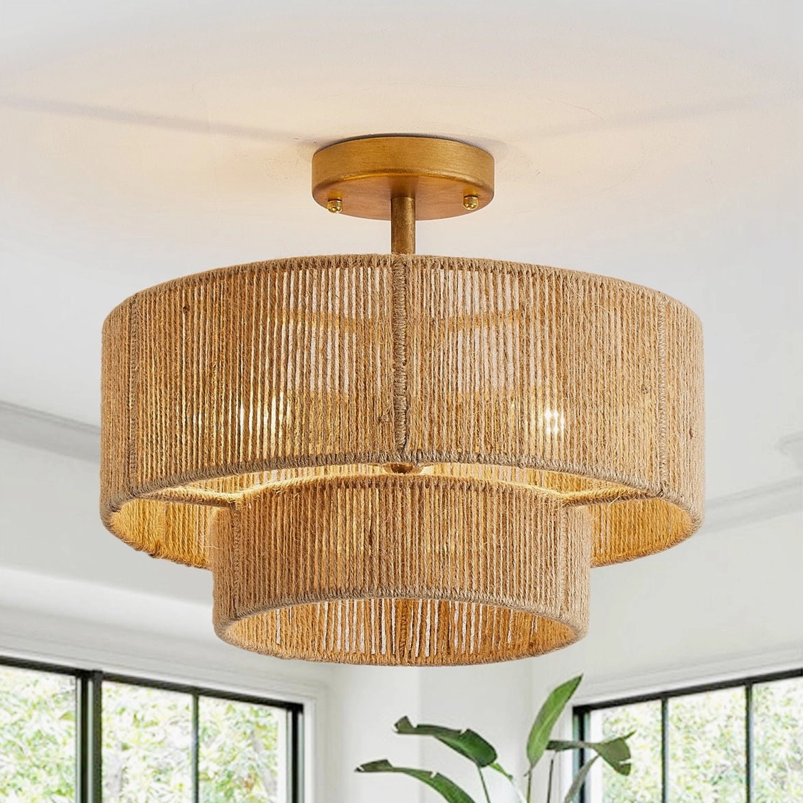 Close-up detail of Solmaz two-tier rattan weave showing natural hemp rope texture and layered construction