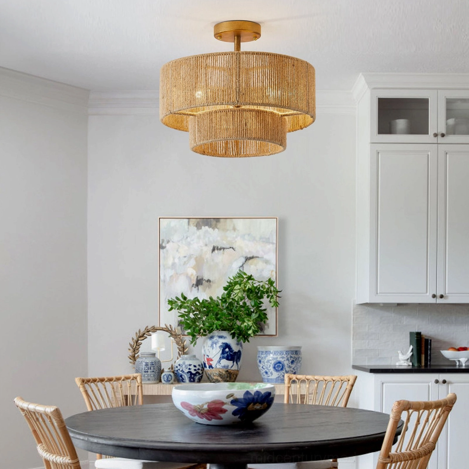 Solmaz mid-century modern pendant lamp overhead view in dining kitchen space with modern farmhouse aesthetic