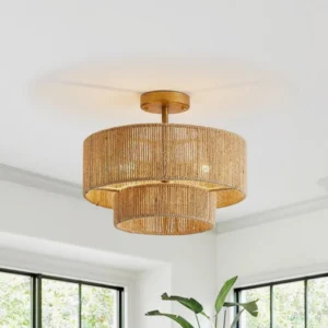 Overhead view of Solmaz mid-century modern pendant lamp showing dual-tier rattan construction and brass metal mount in bright interior