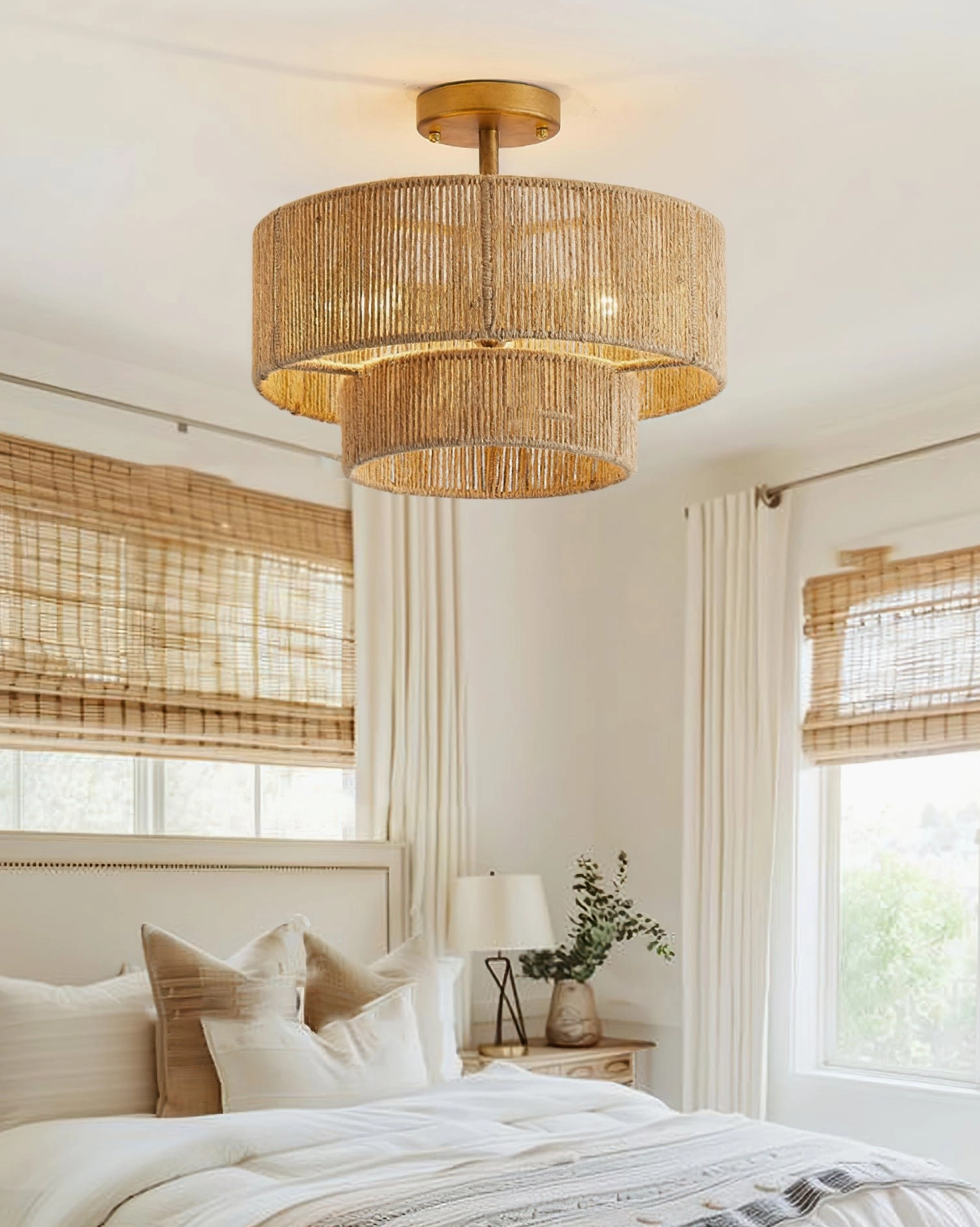 Solmaz ceiling lamp installed in bedroom setting with side overhead angle showcasing boho farmhouse aesthetic and warm lighting