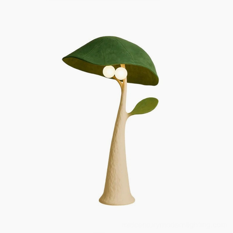 Soloma compact mushroom floor lamp low angle studio view with white background, highlighting minimalist organic silhouette and botanical-inspired proportions