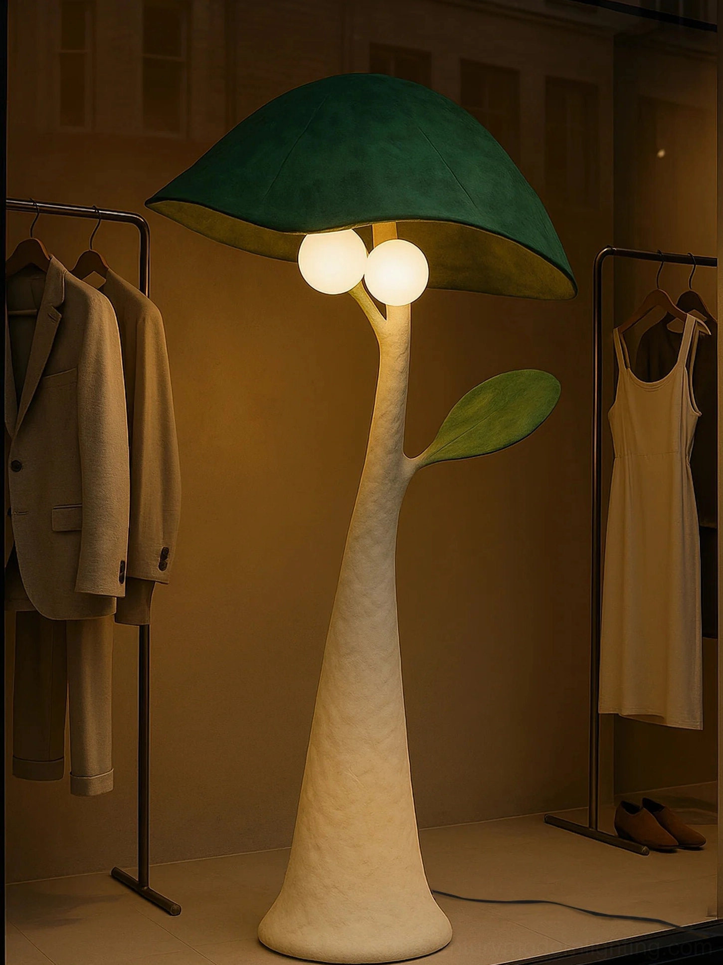 Soloma mushroom floor lamp in contemporary retail environment, three-quarter front view showing sculptural form and versatile design integration with modern spaces