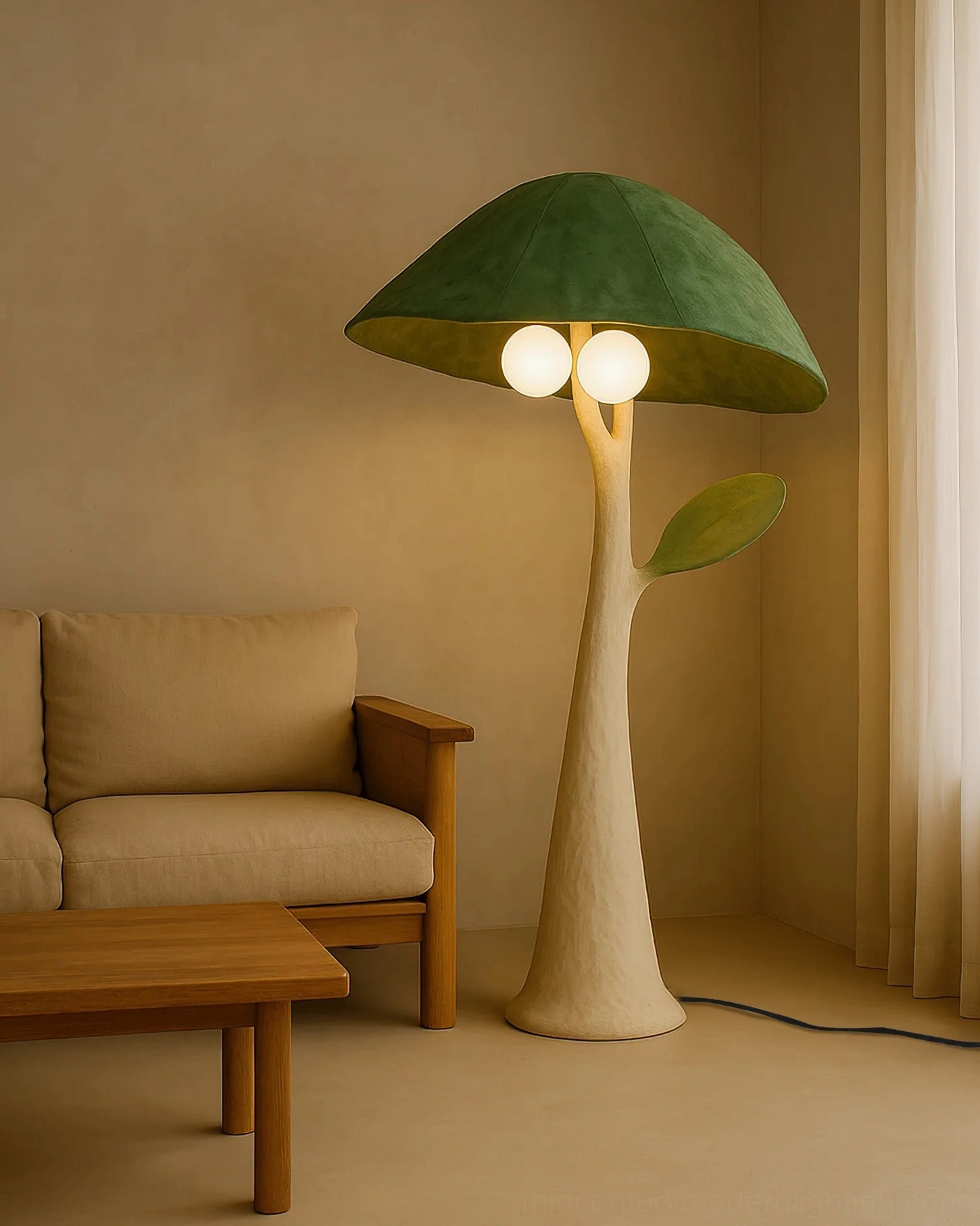 Soloma floor lamp in modern living room scene, three-quarter view beside sofa demonstrating mid-century modern home decor styling and cozy warm atmosphere