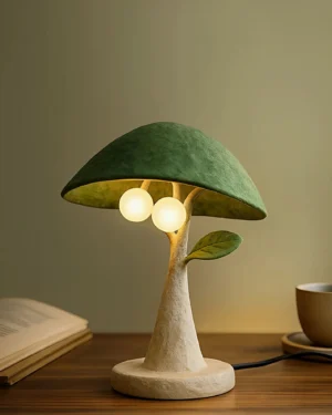Soloma table lamp positioned on wooden bedside table, casting warm ambient light downward, styled with open book and ceramic coffee cup in cozy bedroom setting