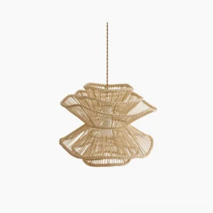 Sombra handwoven rattan pendant light with layered organic design, hanging overhead view showing sculptural form and natural light diffusion