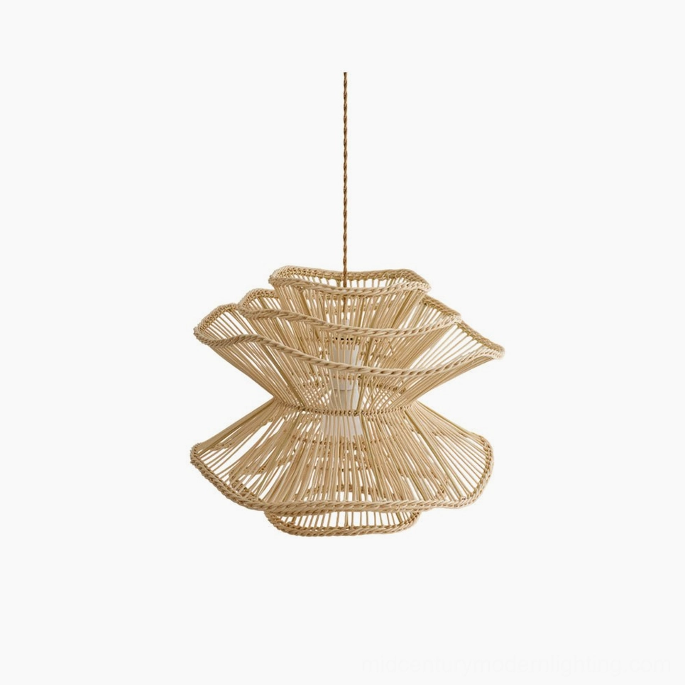 Sombra handwoven rattan pendant light with layered organic design, hanging overhead view showing sculptural form and natural light diffusion