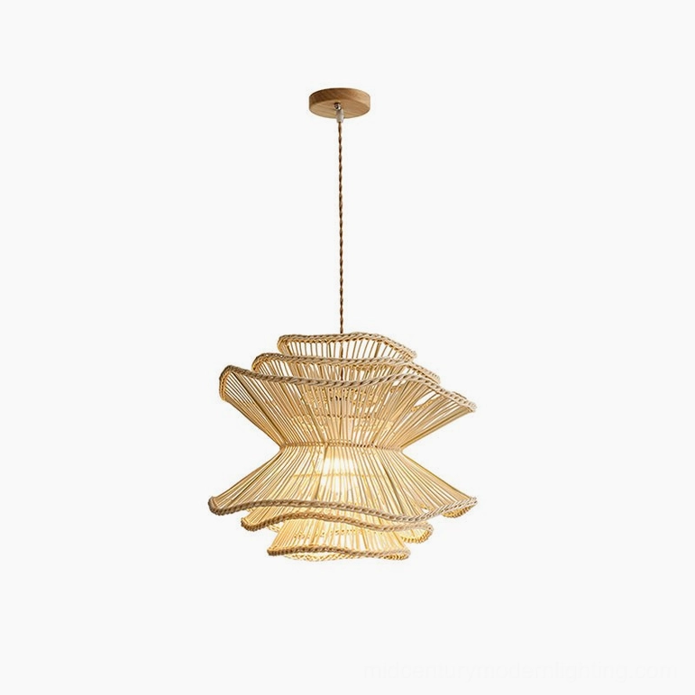 Small Sombra rattan pendant light (15.7 inches diameter) handwoven with natural wood frame, intimate reading nook application