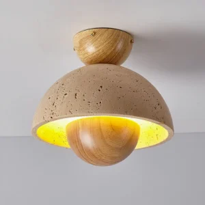 Mid-century modern travertine ceiling fixture overhead angle, minimalist design installation