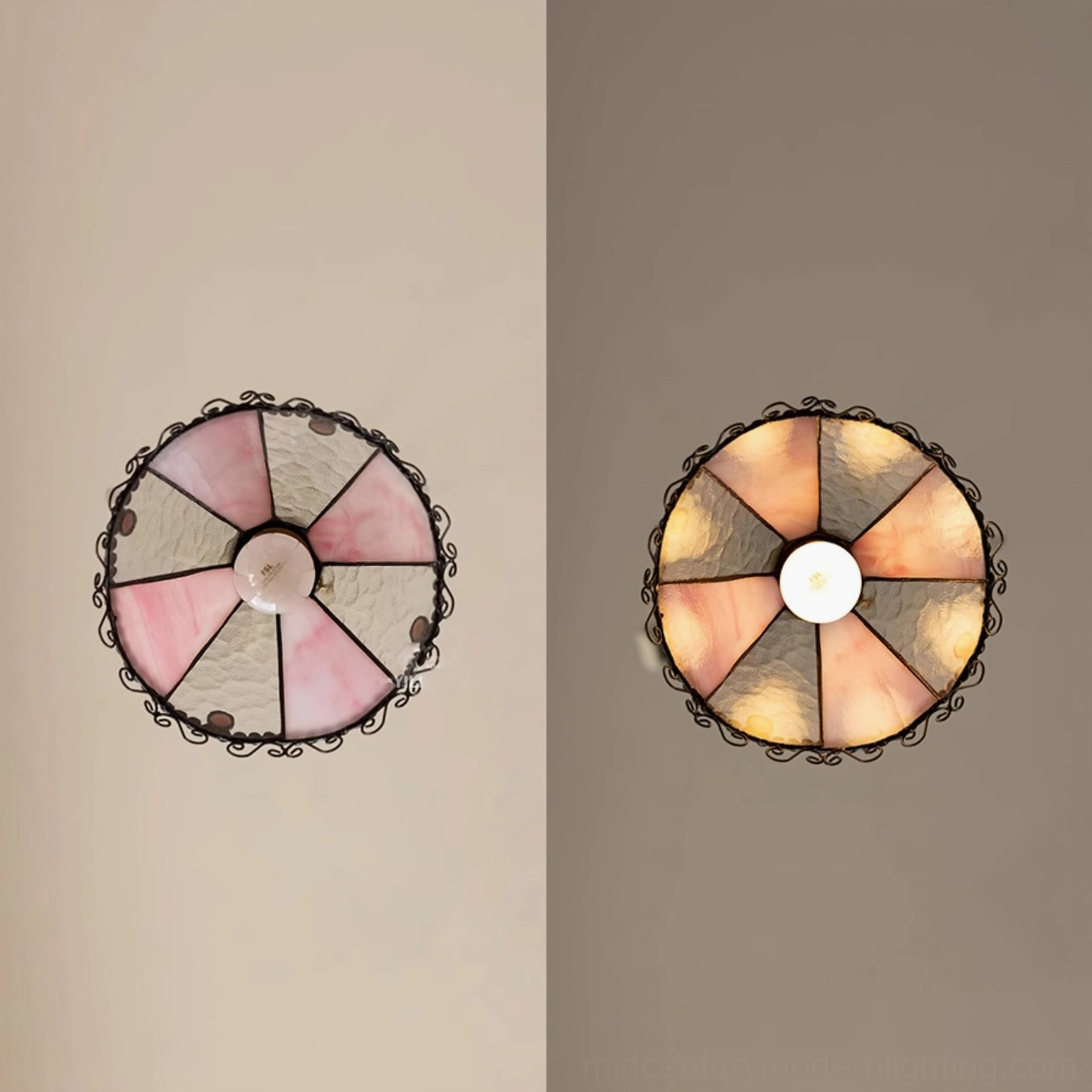 Comparison flat lay of two Sonoma mini stained glass pendant lamps side-by-side, one pink glass and one warm peach, with black scroll trim