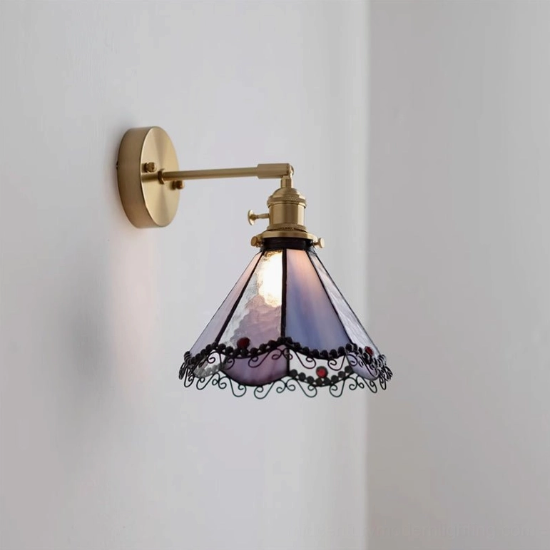 Sonoma Tiffany Model A wall light in purple and blue stained glass with compact sizing and brass-gold mounting hardware