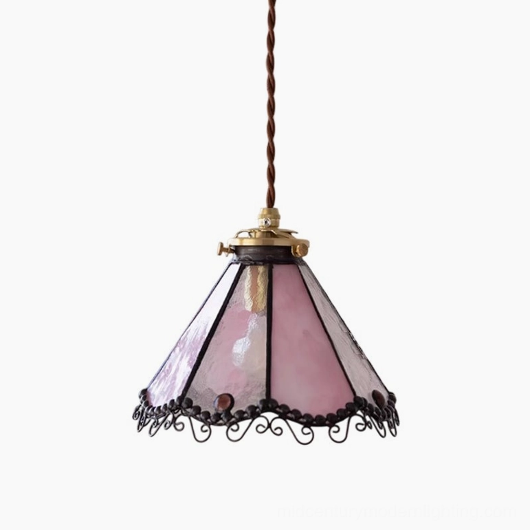 Sonoma Tiffany pendant lamp in pink and white stained glass variant, artistic ceiling pendant light showcase