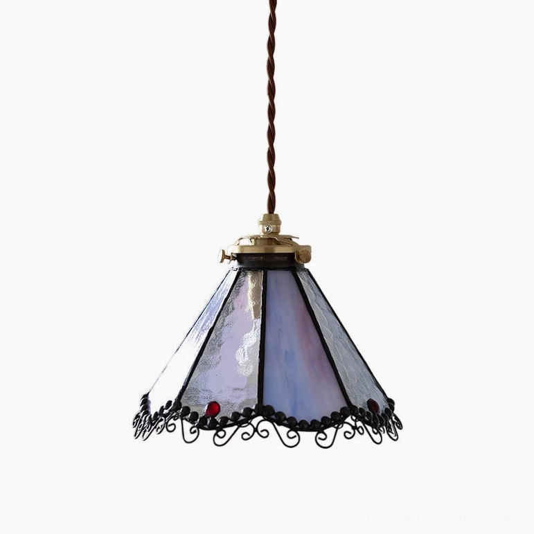 Sonoma stained glass Tiffany pendant lamp in purple and blue color variant, elegant hanging ceiling light fixture detail
