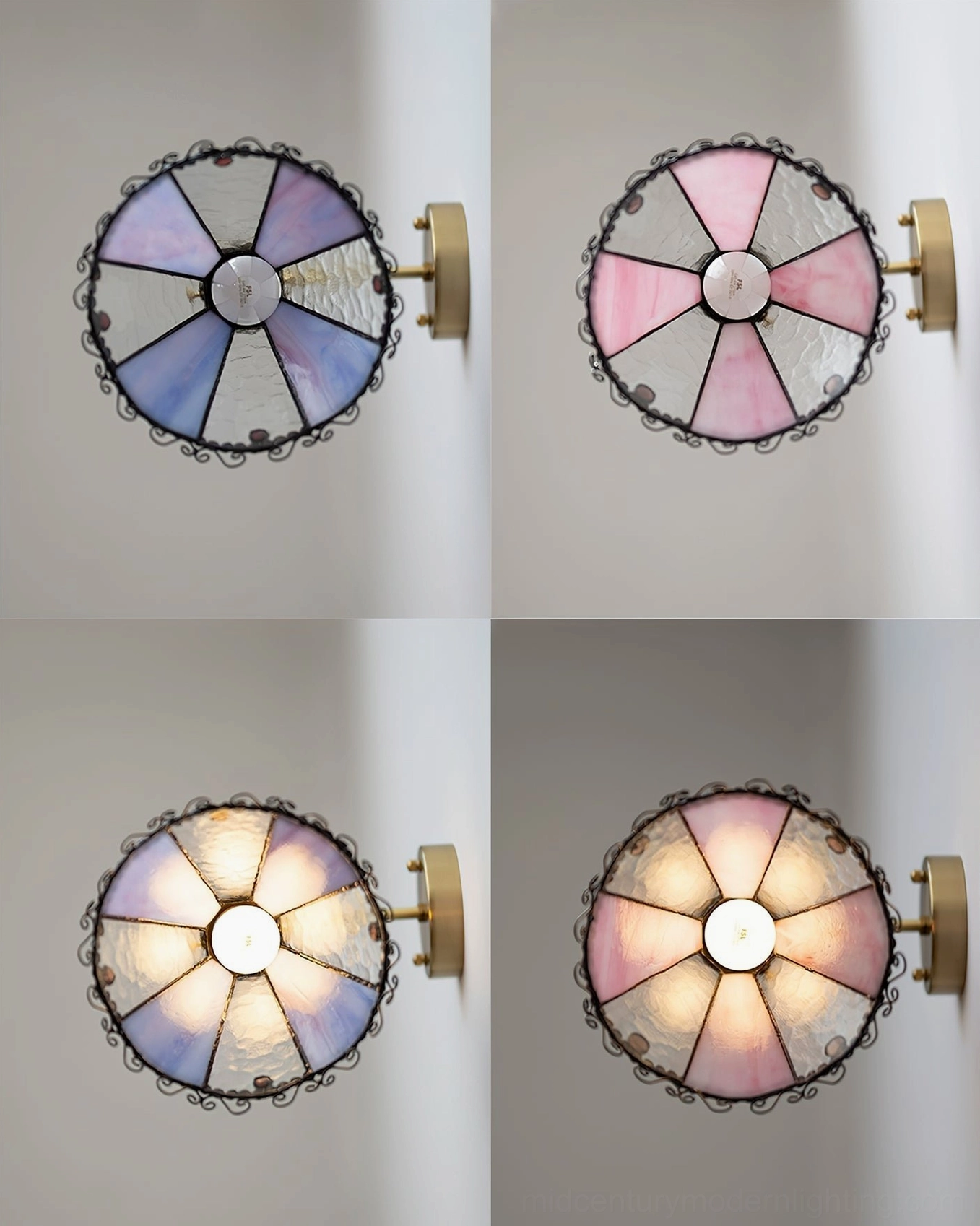 Sonoma Tiffany stained glass shade samples displaying two color options: purple and blue with pink and white, lit and unlit states