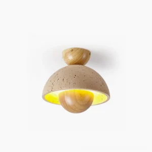 Sonoma travertine ceiling light flush mount with warm wood base, front studio view