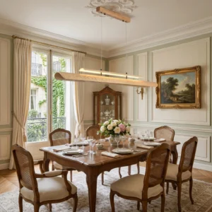Sora wood pendant light in formal dining room with traditional decor