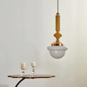 Sorbonne pendant lamp low angle view showing opal glass diffuser and brass hardware detail