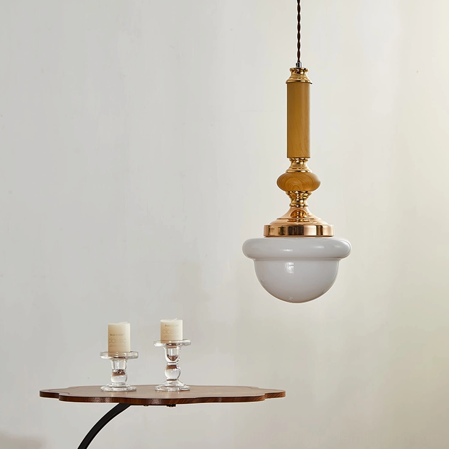 Sorbonne pendant lamp low angle view showing opal glass diffuser and brass hardware detail